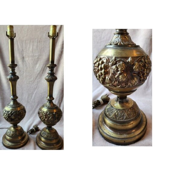 Vintage Pair Brass Table Lamps Mid Century Figural Grape Fruit Hollywood Regency